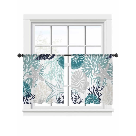 Summer Marine Life Sheer Curtains 2 Panels Set Graffiti Teal Corals Shell Sea Conch Starfish Sheer Window Curtains Light Filtering Rod Pocket Voile Drapes for Bedroom Living Room 52"x54"