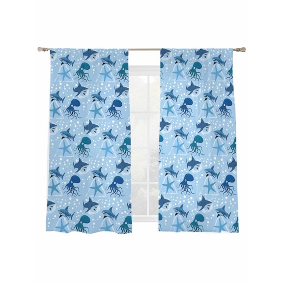Summer Marine Life Sheer Curtains 2 Panels Set Ocean Octopus Sharks Starfish White Bubble Sheer Window Curtains Light Filtering Rod Pocket Voile Drapes for Bedroom Living Room 52"x63"