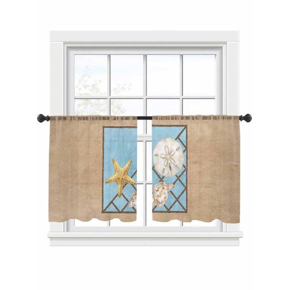 Summer Marine Life Sheer Curtains 45 Inch Long 2 Panels, Coastal Starfish Ocean Conch Rope Border Light Filtering Rod Pocket Curtains, Sheer Voile Drapes for Living Room Bedroom, 52"x45"