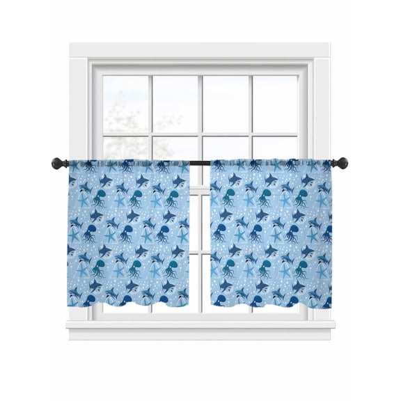 Summer Marine Life Sheer Curtains 45 Inch Long 2 Panels, Ocean Octopus Sharks Starfish White Bubble Light Filtering Rod Pocket Curtains, Sheer Voile Drapes for Living Room Bedroom, 52"x45"