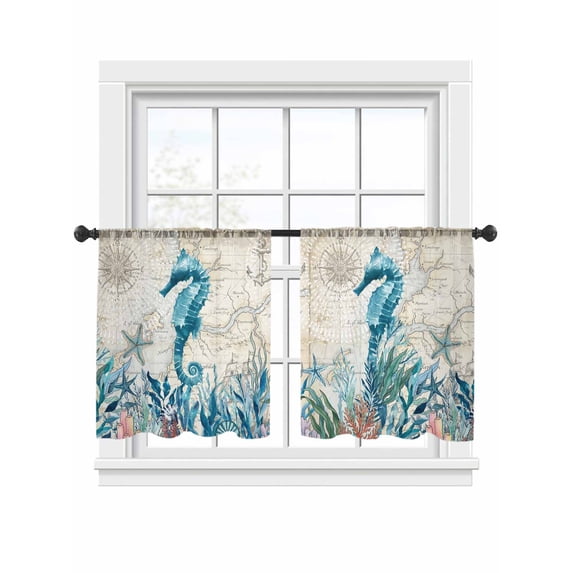 Summer Marine Life Sheer Curtains 45 Inch Long 2 Panels, Ocean Seahorse Starfish Coral Coastal Anchor Light Filtering Rod Pocket Curtains, Sheer Voile Drapes for Living Room Bedroom, 52"x45"