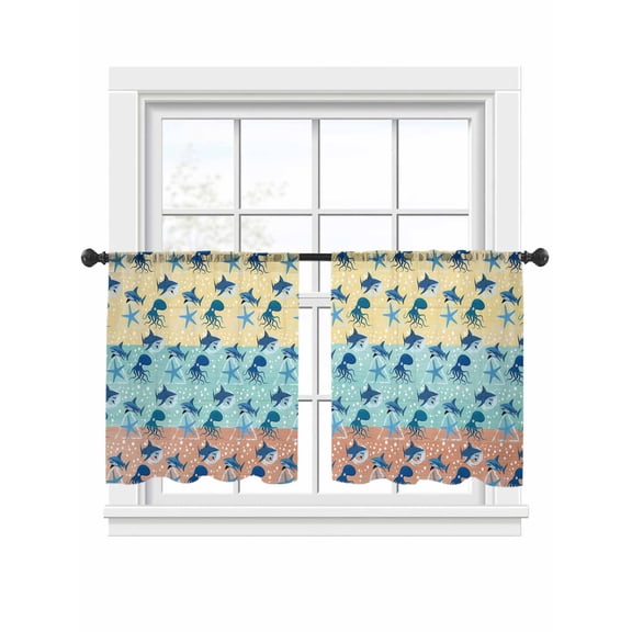 Summer Marine Life Sheer Curtains 45 Inch Long 2 Panels, Watercolor Octopus Sharks Ocean Starfish Bubble Light Filtering Rod Pocket Curtains, Sheer Voile Drapes for Living Room Bedroom, 52"x45"