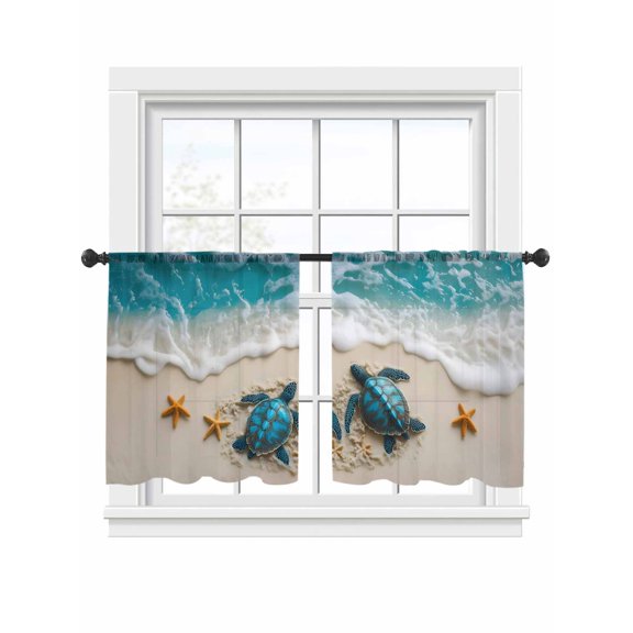 Summer Marine Life Sheer Curtains 54 Inch Long 2 Panels, Ocean Beach Wave Blue Turtle Light Filtering Rod Pocket Semi Sheer Curtains, Sheer Voile Drapes for Living Room Bedroom, 52"x54"