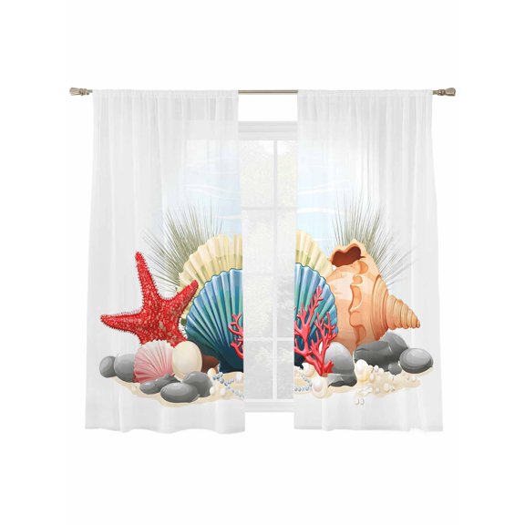 Summer Marine Life Sheer Curtains 63 Inch Long 2 Panels, Watercolor Red Starfish Ocean Shells Sea Conch Light Filtering Rod Pocket Curtains, Sheer Voile Drapes for Living Room Bedroom, 52"x63"