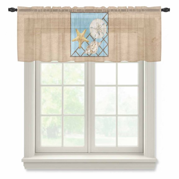 Summer Marine Life Sheer Valances for Windows, Coastal Starfish Ocean Conch Rope Border Semi Sheer Kitchen Valance Rod Pocket Small Voile Window Curtains for Living Room Bedroom 42 x 12 Inch
