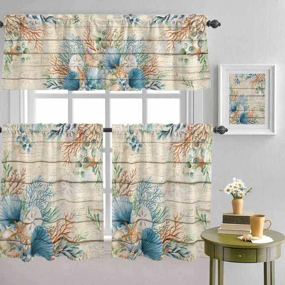 Summer Marine Life Shell Curtain Tier and Valance Set 3 Piece, Seagrass Coral on Wood Board 3-inch Rod Pocket Window Tier Curtains Valance for Kitchen Living Room