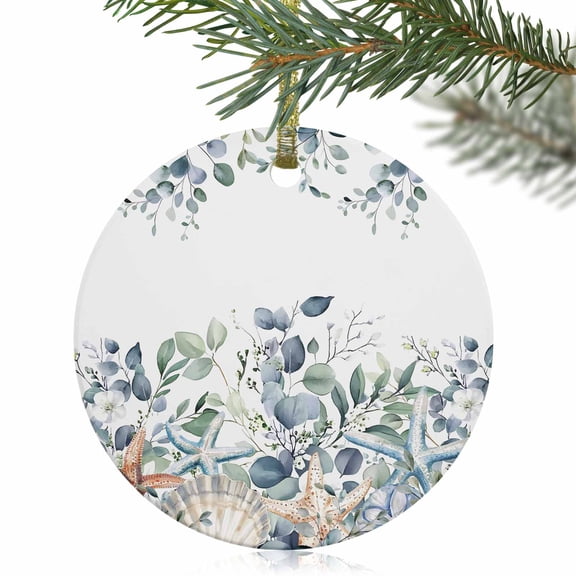 Summer Marine Life Shell Starfish Christmas Ceramic Ornament 2025,3" Round Xmas Tree Hanging Accessories with Gold Ribbon