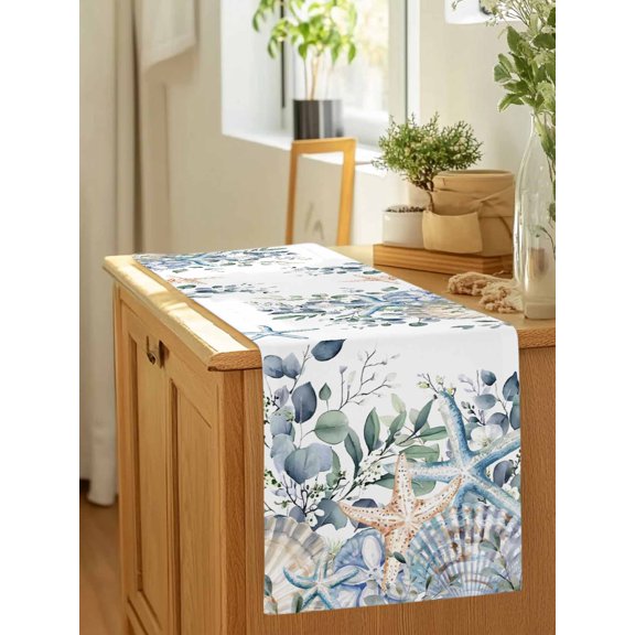 Summer Marine Life Shell Starfish Table Runner 36 Inches Long,Kitchen Dining Tablerunners Country Eucalyptus Leaf Linen Table Runners Dresser Scarves for Home Dinner Wedding Holiday Party Decor