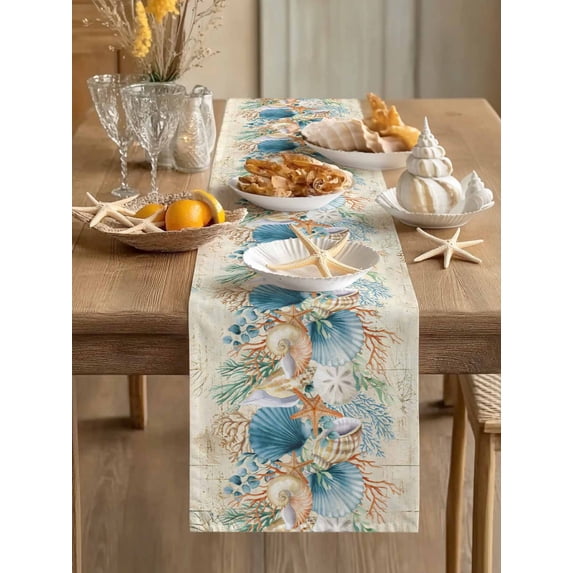 Summer Marine Life Shells Corals Table Runner 13x36in Non-Slip Cotton Linen Table Runners, Seagrass Sea Stars Dresser Scarves TableRunner for Dinner Kitchen Dining Wedding Party
