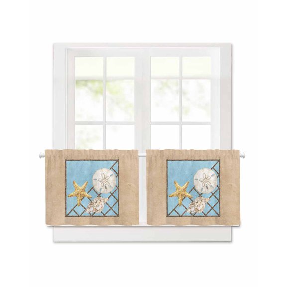 Summer Marine Life Short Blackout Curtains 24 Inch Long Coastal Starfish Ocean Conch Rope Border, 2 Panels Thermal Insulated Darkening Rod Pocket Drapes for Bedroom, 30"W x 24"L