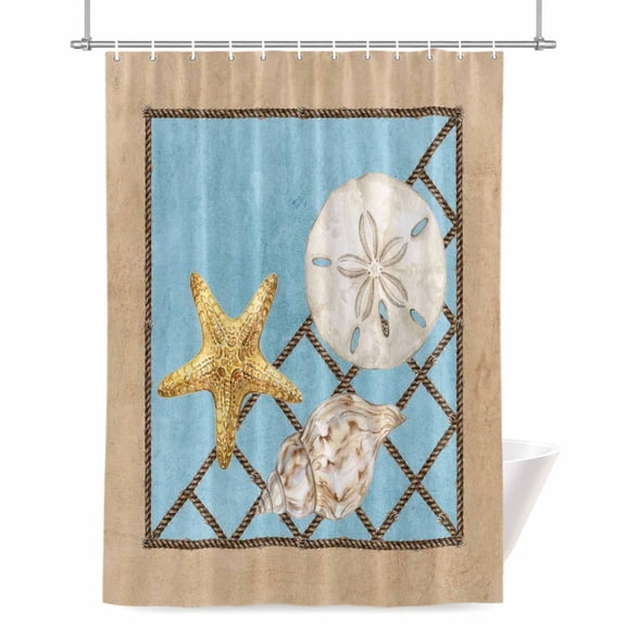 Summer Marine Life Shower Curtain, 36" x 72", Coastal Starfish Ocean Conch Rope Border Waterproof Bathroom Curtain Washable Shower Curtain Set with 12 Hooks