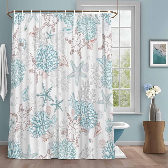 Summer Marine Life Shower Curtain with Hooks, Watercolor Ocean Starfish Coral Coastal Sea Turtle Sturdy Water Repellent Shower Curtains for Bathroom Bathtub, Machine Washable Curtains 36x72 Inch