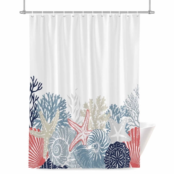 Summer Marine Life Shower Curtain, Ocean Coral Coastal Starfish Blue Conch Waterproof Shower Curtain Set with 12 Hooks Lightweight Bath Curtains Fabric Bathroom Decor 48x72 Inches