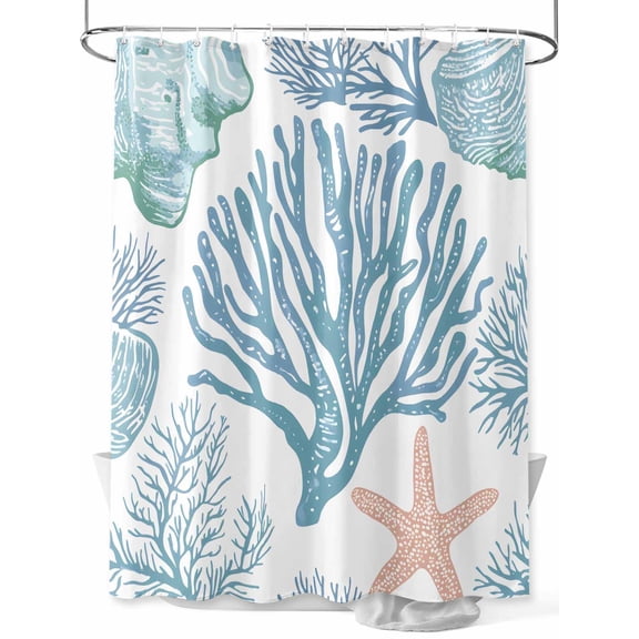 Summer Marine Life Shower Curtain, Ocean Coral Simple Lines Art Waterproof Shower Curtain Set with 12 Hooks Lightweight Washable Fabric Shower Curtains for Bathroom 60x72 Inches