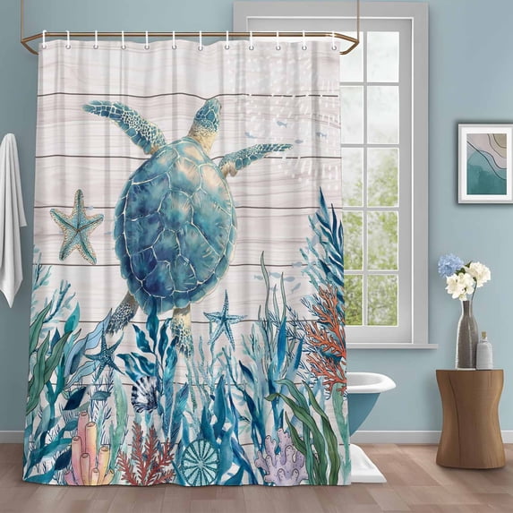 Summer Marine Life Shower Curtains for Bathroom, Ocean Sea Turtle Starfish Coral Wood Grain Washable Fabric Shower Curtain with Hooks Waterproof Bathroom Decor Sets, 72 x 78 Inches