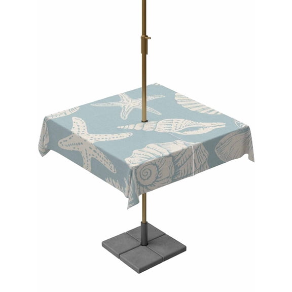 Summer Marine Life Square Outdoor Tablecloth with Umbrella Hole Graffiti Corals Shell Conch Sea Starfish Pale Blue 54x54 Inch Waterproof Table Cover Zippered Table Cloth for Garden Patio
