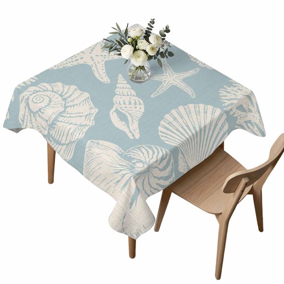 Summer Marine Life Square Tablecloth Graffiti Corals Shell Conch Sea Starfish Pale Blue Waterproof Wrinkle Free Soft Table Cloth Spill-Proof Washable Table Cover for Dining Party Picnic 60 x 60 Inch