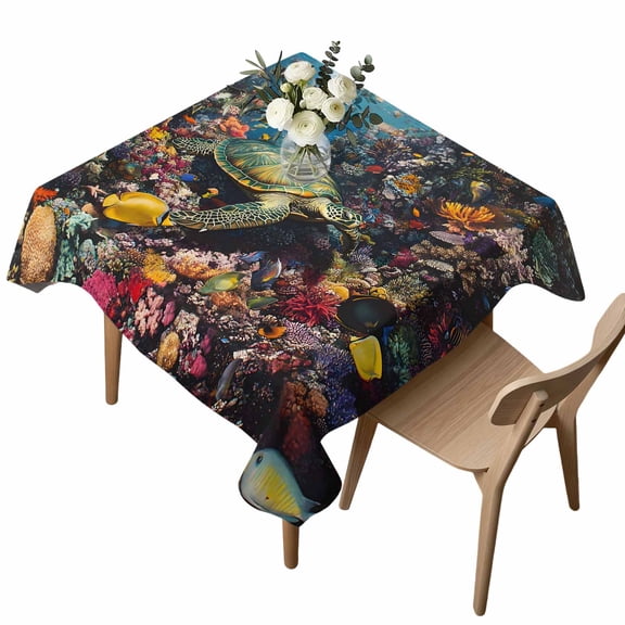 Summer Marine Life Square Tablecloth Modern Turtle Coral Fish Waterproof Wrinkle Free Soft Table Cloth Spill-Proof Washable Table Cover for Dining Party Picnic 54 x 54 Inch