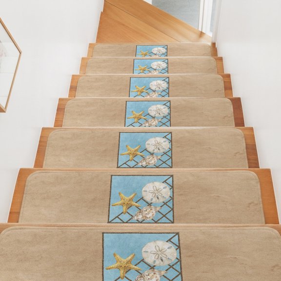 Summer Marine Life Stair Treads Non Slip for Steps Coastal Starfish Ocean Conch Rope Border 15 Pcs Reusable Adhesive Stair Runner Mats for Dogs Elders Carpet Treads Rugs for Staircase 8x30 In
