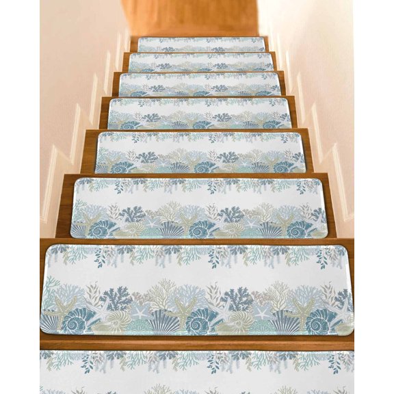 Summer Marine Life Stair Treads Ocean Coral Coastal Starfish Teal Sand Dollar Indoor Non Slip Peel and Stick Stair Treads for Wooden Steps 15 PCS, Soft Adhesive Staircase Mats Runner Rugs 8"x30"