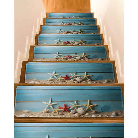 Summer Marine Life Stair Treads Realistic Ocean Starfish Conch Blue Wood Grain Indoor Non Slip Peel and Stick Stair Treads for Wooden Steps 15 PCS, Soft Adhesive Staircase Mats Runner Rugs 8"x30"