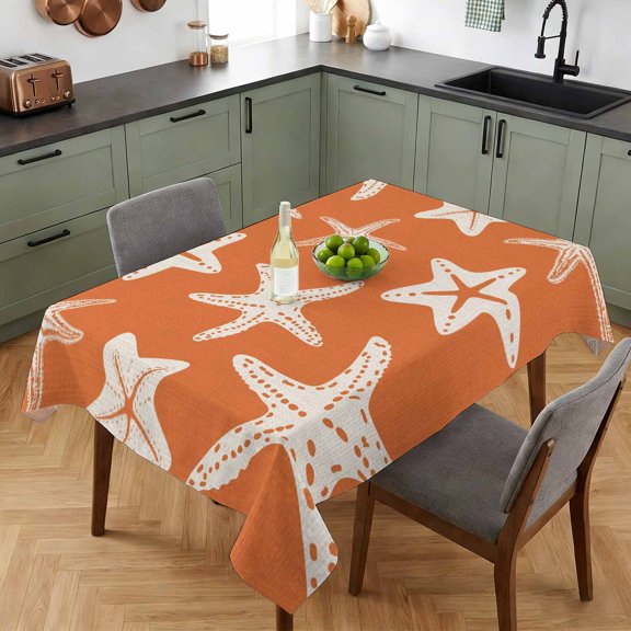 Summer Marine Life Starfish Table Cloth 52x70in, Waterproof Rectangle Tablecloth Wipeable Tablecloths Orange Background Table Covers for Dining Tables Party Indoor Outdoor