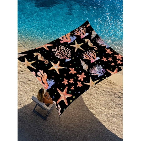 Summer Marine Life Sun Shade Sail 12' x 16', Nautical Orange Seahorse Starfish Shell Coral Black Rectangle Outdoor Sunshade Canopy, Waterproof UV Block Patio Covers for Garden Yard Beach
