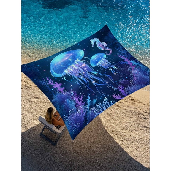 Summer Marine Life Sun Shade Sail 14' x 18', Mystic Ocean Coral Watercolor Jellyfish Seahorse Rectangle Outdoor Sunshade Canopy, Waterproof UV Block Patio Covers for Garden Yard Beach