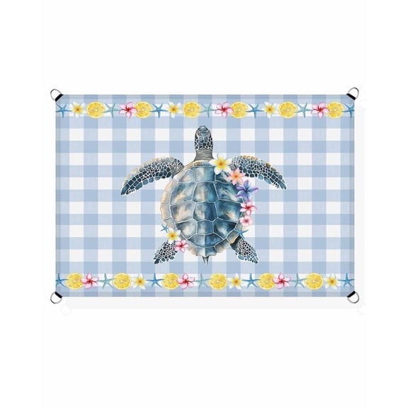 Summer Marine Life Sun Shade Sail 6.5'X10' Nautical Sea Turtle Rustic Flowers Blue Plaid UV Block Outdoor Sail Shades Breathable Waterproof Rectangular Sunshade for Patio Garden Pool Pergola Porch