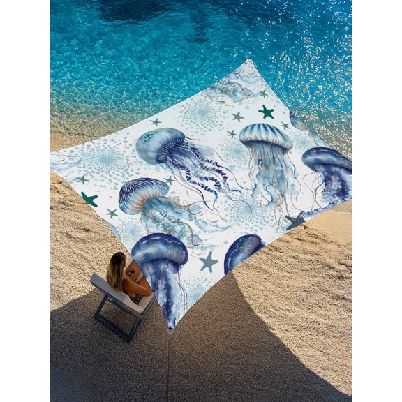 Summer Marine Life Sun Shade Sail 6.5' x 10', Fantasy Ocean Watercolor Jellyfish Cute Starfish Rectangle Outdoor Sunshade Canopy, Waterproof UV Block Patio Covers for Garden Yard Beach
