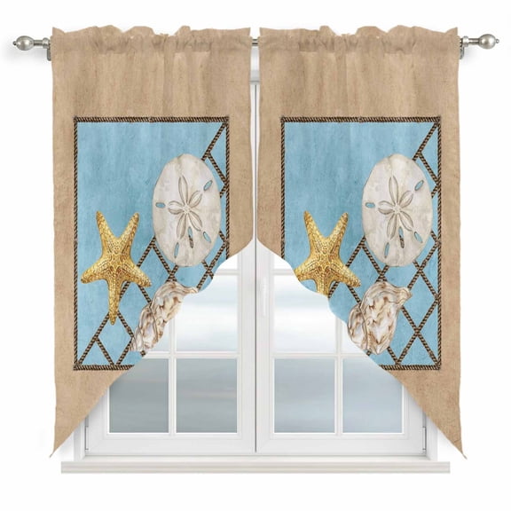 Summer Marine Life Swag Curtain Valance for Window 2 Panels Coastal Starfish Ocean Conch Rope Border Rod Pocket Small Window Swag Valances for Kitchen Bedroom Bathroom 28" W x 36" L