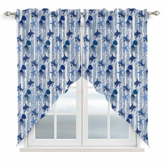 Summer Marine Life Swag Curtain Valance for Window 2 Panels Watercolor Octopus Shark Ocean Starfish Bubble Rod Pocket Small Window Swag Valances for Kitchen Bedroom Bathroom 28" W x 36" L