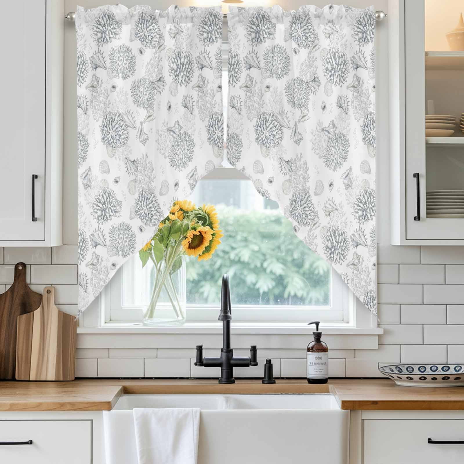Summer Marine Life Swag Curtain Valance for Windows, Abstract Line ...