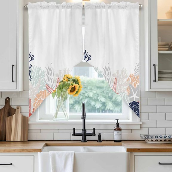 Summer Marine Life Swag Curtain Valance for Windows, Ocean Gray Coral Coastal Starfish Conch Window Treatments Short Swag Topper for Kitchen Windows Bathroom Bedroom, 36"x45"