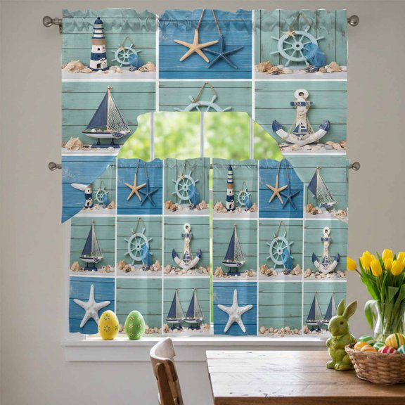 Summer Marine Life Swag Curtains Valance & Tier Set, Nautical Anchor Starfish Ocean Coastal Plaid 3 Pcs Set Kitchen Swag Valances and Tiers 36 Inch Length Rod Pocket Curtain Drapes for Bedroom