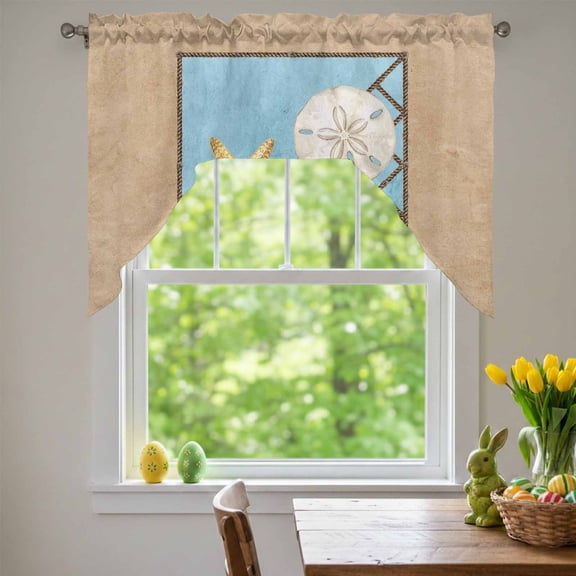 Summer Marine Life Swag Valances for Kitchen Window, Coastal Starfish Ocean Conch Rope Border Small Swag Valances Rod Pocket Curtain Drapes Window Treatment for Bedroom Bathroom, 56x36 Inch