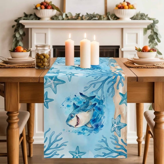 Summer Marine Life Table Runner, Cartoon Shark Watercolor Blue Starfish Corals Cotton Linen Kitchen Table Decoration Washable Dining Tabletop Runners for Home Party Decor 13x90 Inches