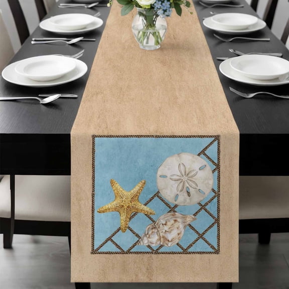Summer Marine Life Table Runner, Coastal Starfish Ocean Conch Rope Border Washable Cotton-linen Table Runners Dining Kitchen Decoration for Everyday Home Wedding Party Decor, 13 x 36 Inch
