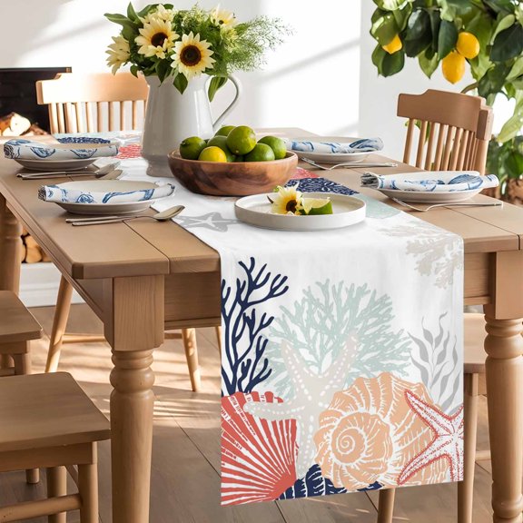 Summer Marine Life Table Runner, Ocean Gray Coral Coastal Starfish Conch Washable Kitchen Table Runners Dress Scarves for Dining Table Decorations Party/Restaurant/Indoor Outdoor Use, 13x120in