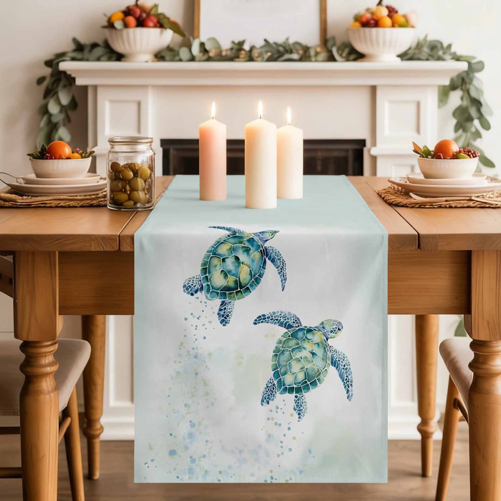 Summer Marine Life Table Runner, Ocean Pair Sea Turtle Water Splash ...