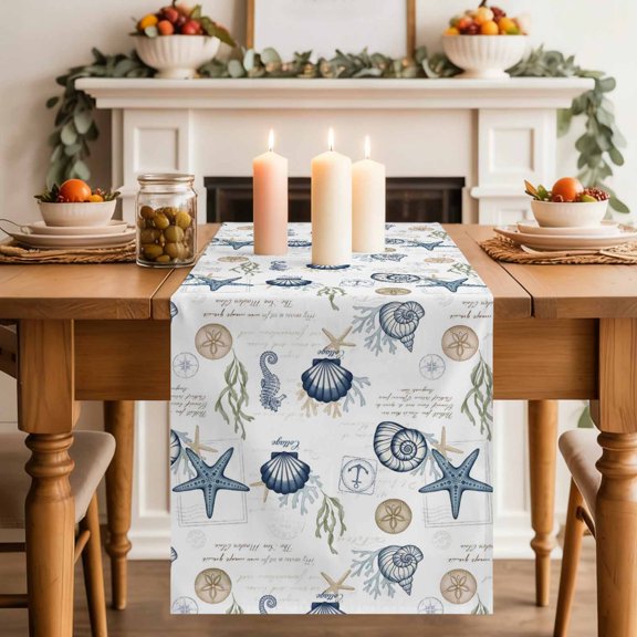 Summer Marine Life Table Runner, Ocean Starfish Conch Shell Letter Print Retro Cotton Linen Kitchen Table Decoration Washable Dining Tabletop Runners for Home Party Decor 13x36 Inches
