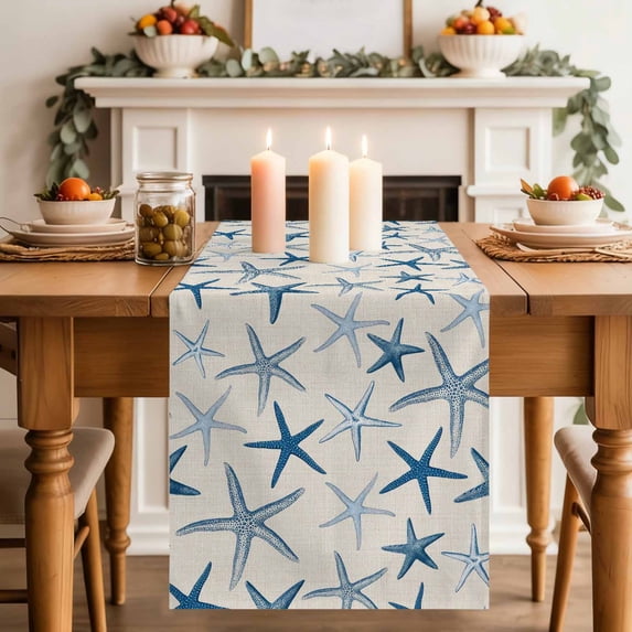 Summer Marine Life Table Runner, Watercolor Blue Starfish Ocean Landscape Cotton Linen Kitchen Table Decoration Washable Dining Tabletop Runners for Home Party Decor 16x72 Inches