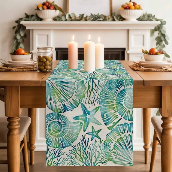 Summer Marine Life Table Runner, Watercolor Turquoise Graffiti Starfish Conch Coral Cotton Linen Kitchen Table Decoration Washable Dining Tabletop Runners for Home Party Decor 18x72 Inches