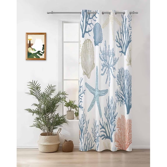 Summer Marine Life Thermal Insulated Blackout Curtains for Bedroom 63 Length Ocean Coral Starfish Art Line Room Darkening Curtain 1 Panel Grommet Window Curtain Drape for Living Room Nursery Room