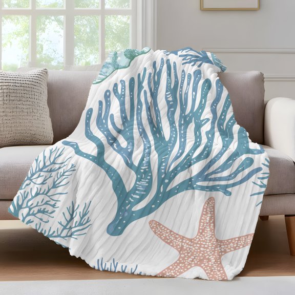 Summer Marine Life Throw Blanket for Couch Ocean Coral Simple Lines Art Soft and Warm Flannel 3D Striped Fluffy Fuzzy Fleece Blanket Lightweight Throw for Bed, Sofa 30 x 40 Inches