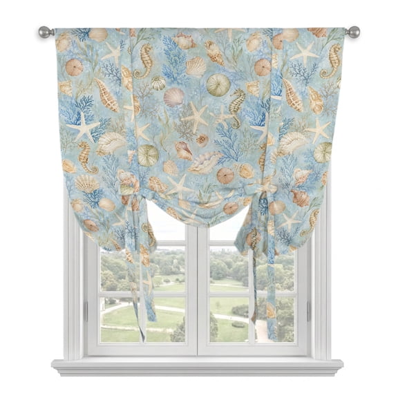 Summer Marine Life Tie Up Curtains 45 Inches Long, Kitchen Window Curtains Over Sink, Coastal Coral Starfish Seahorse Shell Blue Small Window Curtains Balloon Curtains Valances for Bedroom 34"x45"