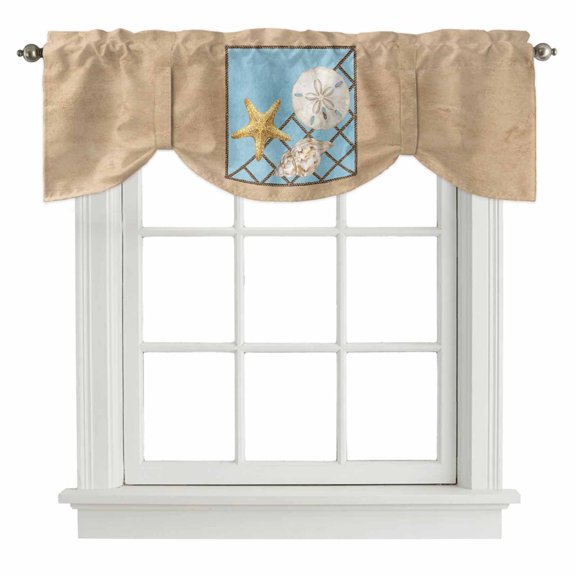 Summer Marine Life Tie Up Valance Curtains Coastal Starfish Ocean Conch Rope Border Adjustable Light Filtering Tie Up Valance Small Window Shade for Kitchen Bedroom Cafe 42" W x 12" L