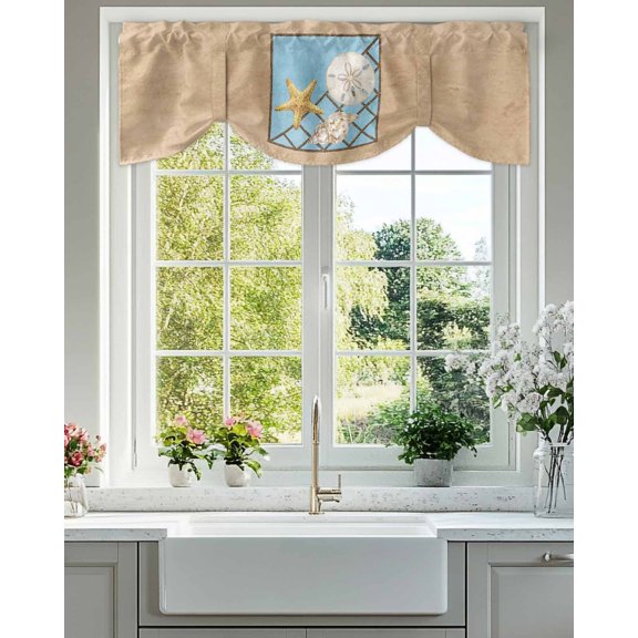 Summer Marine Life Tie Up Valances Curtain, Adjustable Kitchen Coastal Starfish Ocean Conch Rope Border Valances for Windows Decor, Rod Pocket Short Curtains Set for Bedroom/Bathroom, 42"x12"