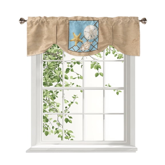Summer Marine Life Tie Up Valances Curtain, Coastal Starfish Ocean Conch Rope Border Adjustable Rod Pocket Window Treatment Short Tie Up Curtains Valances for Kitchen Bathroom 60x18 Inches