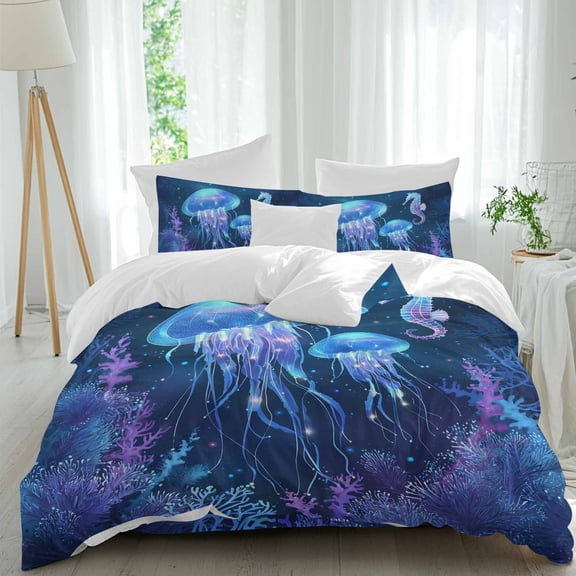 Summer Marine Life Twin Size Comforter Set, Mystic Ocean Coral Watercolor Jellyfish Seahorse Bedding for All Seasons, 4 Pcs Bed Set, 1 Quiltcover (68"x86") ,1Sheet(67"x116"), 2Pillowcases (30"x20")